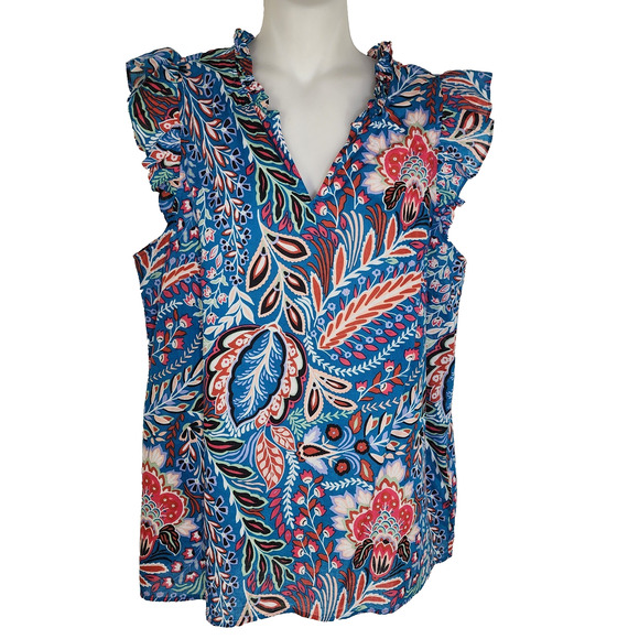 Talbots Womens Top Floral Ruffle Cotton Cap Sleeve Lightweight Popover Botanical - Picture 1 of 8